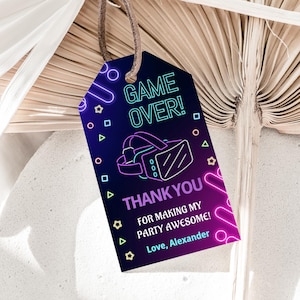 Virtual Reality Favor Tags VR Party Tags VR Birthday Tags Game Over Tags Neon Thank You Tag Favour Labels EDITABLE Instant Download V02