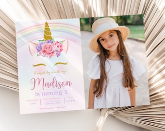 Unicorn Birthday Invitation with Photo Unicorn Party Invite with Picture Pink Purple Rainbow Gold Floral Girl EDITABLE Instant Digital U01