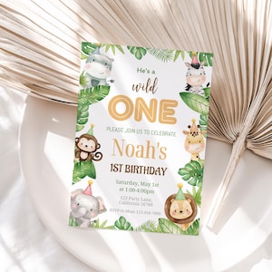 Wild One Invitation Wild One Birthday Party Boy Safari First Birthday Invite 1st bday Party Animals Jungle Animals EDITABLE Instant S05