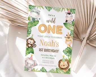 Wild One Invitation Wild One Birthday Party Boy Safari First Birthday Invite 1st bday Party Animals Jungle Animals EDITABLE Instant S05