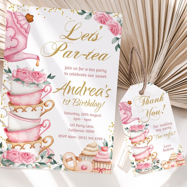 Tea Party Invitation Tea Party Birthday Invitation Par Tea Invitation Girl Pink Gold Garden Tea Party Invite EDITABLE Instant Download T01