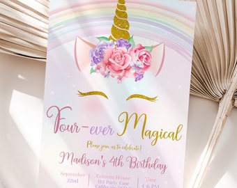 Unicorn 4th Birthday Invitation Rainbow Unicorn Fourth Birthday Party Invitation Four Ever Magical Pink Purple Gold Girl Invite EDITABLE U01