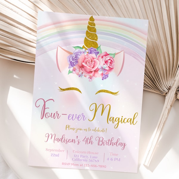 Unicorn 4e verjaardag uitnodiging Rainbow Unicorn vierde verjaardag uitnodiging voor feest vier ooit magische roze paars goud meisje uitnodigen BEWERKBARE U01