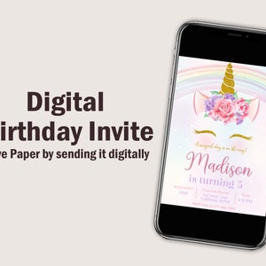 Unicorn Birthday Invitation Rainbow Unicorn Party Invite Pink Purple Gold Floral Unicorn Girl Birthday Invite Editable Digital Download U01 image 4