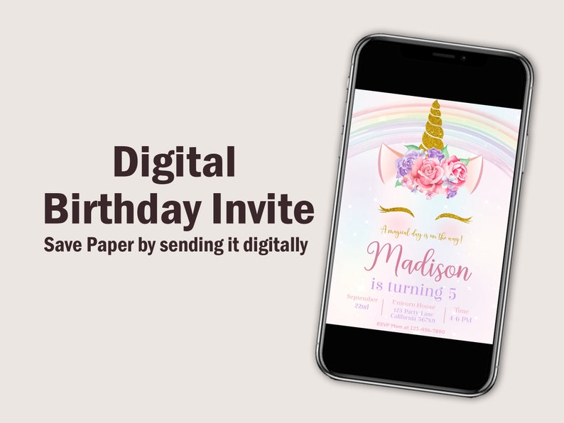 Unicorn Birthday Invitation Rainbow Unicorn Party Invite Pink Purple Gold Floral Unicorn Girl Birthday Invite Editable Digital Download U01 image 4