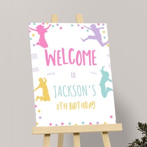 Cartello di benvenuto del parco di trampolini Cartello di compleanno del trampolino Poster di benvenuto del salto Decorazione per feste di compleanno Decorazioni per saltare Saltiamo MODIFICABILE J01