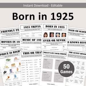 100th Birthday Games Bundle 100th Birthday Party Games 1925 Trivia Born in 1925 100 Year Old Men Women Him Her Quiz EDITABLE Instant Digital