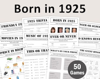 Puede incluir: Una colección de 50 juegos de fiesta imprimibles para una fiesta de cumpleaños con temática de 1925. Los juegos incluyen preguntas de trivia, bingo y preguntas de "esto o aquello". Los juegos están diseñados para ser divertidos y atractivos para invitados de todas las edades.