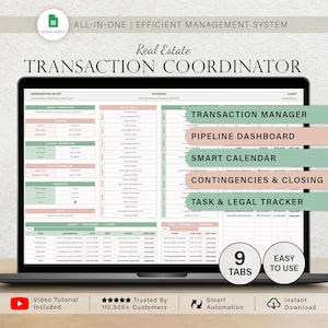 May include: A laptop screen shows a real estate transaction coordinator template. The template includes sections for transaction management, pipeline dashboard, smart calendar, and task tracking. The design is clean with a white and green colour scheme. The text on the screen reads "Transaction Coordinator."