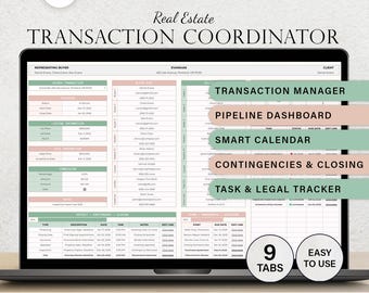 Transaction Coordinator Tracker Real Estate CRM Template Spreadsheet Pipeline Management System Realtor Deposit Contingency Closing Calendar