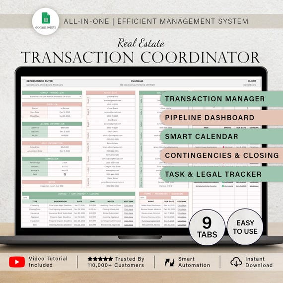 Transaction Coordinator Tracker Real Estate CRM Template Spreadsheet Pipeline Management System Realtor Deposit Contingency Closing Calendar