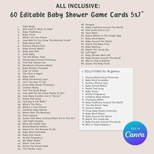 Op de afbeelding: Een set van 60 afdrukbare baby shower-spelkaarten, elk met een afmeting van 12,7 x 17,8 cm. De kaarten bevatten een verscheidenheid aan spellen, waaronder bingo, trivia en mad libs. De kaarten zijn ontworpen om te worden bewerkt in Canva.