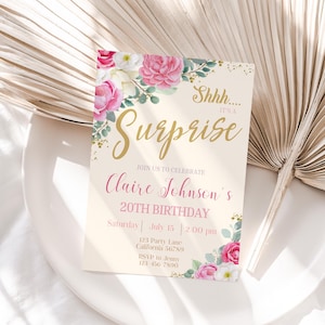 Überraschungs-Einladung Überraschung Geburtstags-Einladung Floral Surprise Party Invite Girl Shh es ist eine Überraschung EDITIERBAR Sofortiger Digitaler Download S09