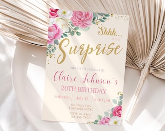 Surprise Invitation Surprise Birthday Invitation Floral Surprise Party Invite Girl Shh its a surprise EDITABLE Instant Digital Download S09