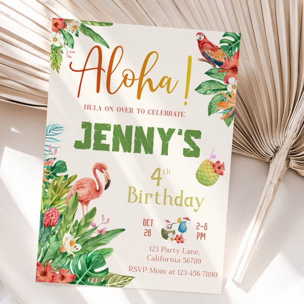 Tropical Birthday Invitation Hawaiian Birthday Invitation Flamingo Invitation Pineapple Party Invite Aloha Luau EDITABLE Instant Digital T03