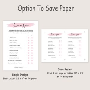 Puede incluir: Dos hojas de juego imprimibles "Ever or Never". La hoja principal es un dise&ntilde;o &uacute;nico, tama&ntilde;o carta (21,6 x 27,9 cm) o papel A4. La otra hoja est&aacute; dise&ntilde;ada para ahorrar papel, imprimiendo dos juegos por p&aacute;gina.