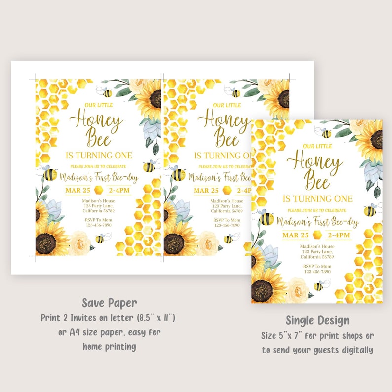 Bee Birthday Invitation Bee Day Invitation Honey Bee Birthday Party Invite Girl Sunflower Bee Invite EDITABLE Instant Digital Download B03 image 3
