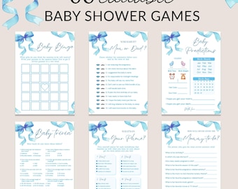 May include: A set of six baby shower games with a light blue watercolor bow design. The games include Baby Bingo, Baby Predictions, Baby Trivia, and more. The text reads "60 editable BABY SHOWER GAMES".