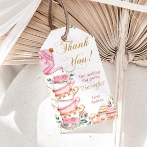 Etiqueta para festa de chá editável, rosa e dourada, aniversário, chá, obrigado, etiquetas par-chá, chá-riffic, etiqueta de presente, chá alto, floral, meninas, instantâneo t01