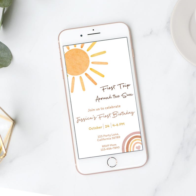 First Trip Around The Sun Electronic Invitation 1st Birthday Invitation Digital First Birthday Mobile Invitation Phone Invite EDITABLE S06 image 1