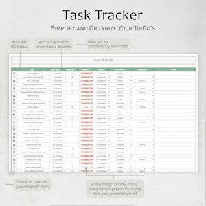 May include: A digital task tracker with a white background and green headings. The text "Task Tracker" is at the top. The tracker includes columns for task, due date, priority, status, and category. Text in the image says "Simplify and Organize Your To-Do's".