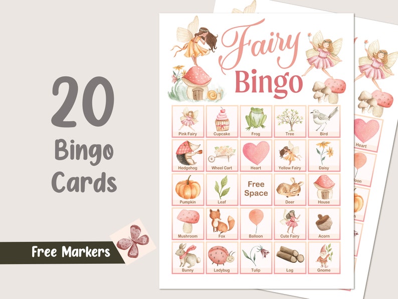 K&ouml;nnte beinhalten: Zwanzig Feen-Bingo-Karten in einem rosa und gr&uuml;nen Farbschema. Jede Karte hat ein 5x5-Raster mit Bildern von Feen, Pilzen, Cupcakes, Herzen und anderen Waldwesen. Der Text "Fairy Bingo" steht oben auf der Karte.
