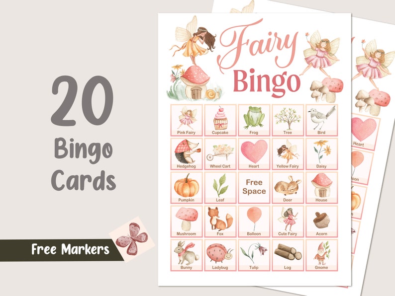 Fairy Bingo 20 Cards Fairy Games Fairy Party Games Fairy Garden Bingo Fairy Birthday Games Enchanted Forest Game Girl Instant Download F01 image 1