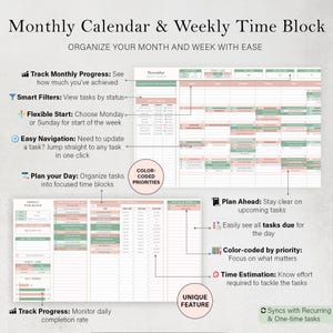 Pode incluir: Um calend&aacute;rio mensal e um planejador de blocos de tempo semanais detalhados. Inclui prioridades codificadas por cores, navega&ccedil;&atilde;o f&aacute;cil e a capacidade de acompanhar o progresso. O planejador foi projetado para organizar tarefas.