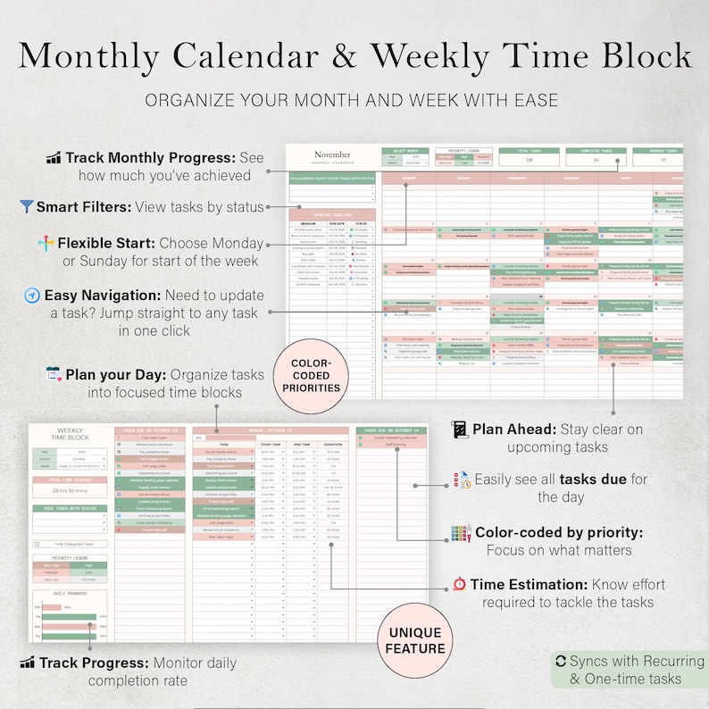 Pode incluir: Um calend&aacute;rio mensal e um planejador de blocos de tempo semanais detalhados. Inclui prioridades codificadas por cores, navega&ccedil;&atilde;o f&aacute;cil e a capacidade de acompanhar o progresso. O planejador foi projetado para organizar tarefas.