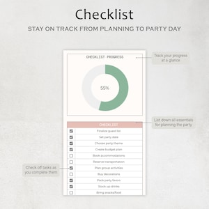 May include: A party planning checklist titled "Checklist" with the tagline "Stay on track from planning to party day." It features a progress tracker at 55% and a list of tasks, including finalizing the guest list and setting the party date.
