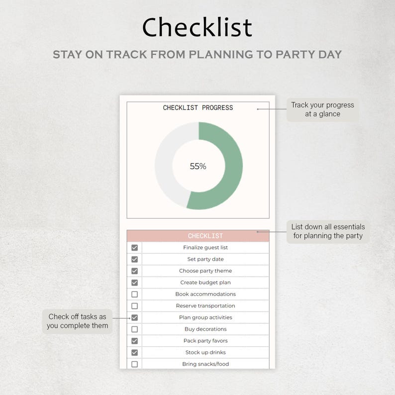 May include: A party planning checklist titled "Checklist" with the tagline "Stay on track from planning to party day." It features a progress tracker at 55% and a list of tasks, including finalizing the guest list and setting the party date.
