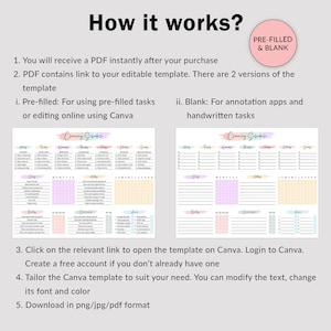 May include: A digital cleaning schedule template with instructions. The template includes pre-filled and blank versions, with sections for daily and weekly tasks. The text reads "How it works?" and "Cleaning Schedule."
