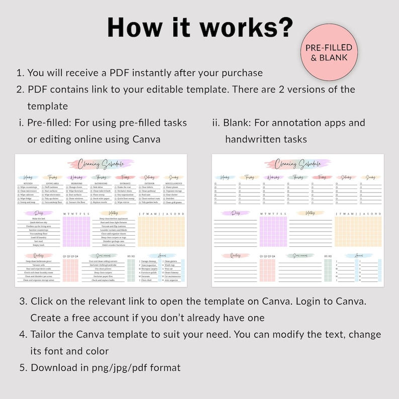May include: A digital cleaning schedule template with instructions. The template includes pre-filled and blank versions, with sections for daily and weekly tasks. The text reads "How it works?" and "Cleaning Schedule."