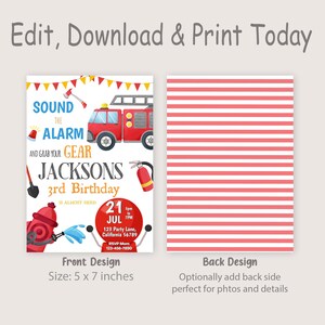 May include: Fire truck themed birthday invitation with red and white stripes on the back. The front features a cartoon fire truck, a fireman, and the text "Sound the Alarm and Grab Your Gear Jacksons 3rd Birthday is Almost Here!"  The date is July 21st from 5pm to 7pm.  The invitation is 5 inches by 7 inches.