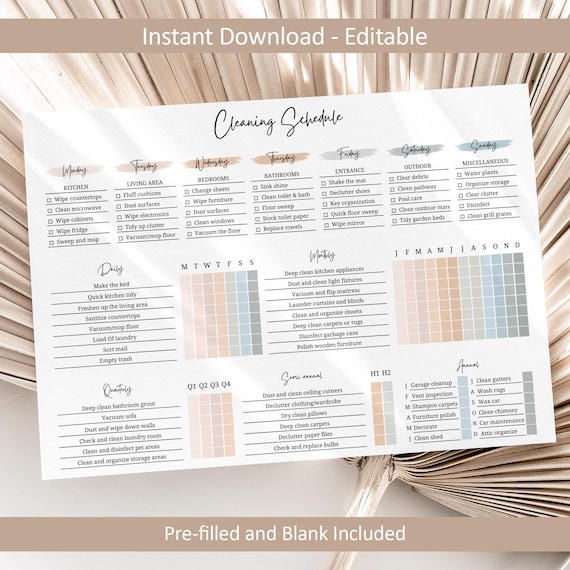 Cleaning Schedule Cleaning Checklist Cleaning Planner Weekly House Cleaning Schedule Household Chore Chart Daily Monthly List EDITABLE