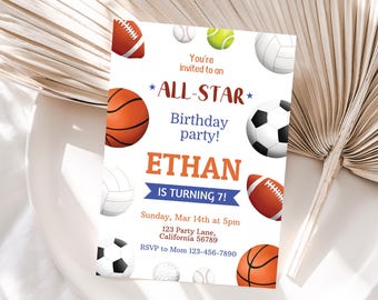 Pode incluir: Um convite de aniversário branco com uma faixa azul e laranja que diz "Ethan está fazendo 7 anos!" O convite é decorado com várias bolas esportivas, incluindo bolas de basquete, bolas de futebol, bolas de futebol, bolas de beisebol, bolas de vôlei, bolas de golfe e bolas de tênis. O texto do convite diz: "Você está convidado para uma festa de aniversário *ALL-STAR*! Domingo, 14 de março às 17h 123 Party Lane, Califórnia 56789 RSVP para a mamãe 123-456-7890"