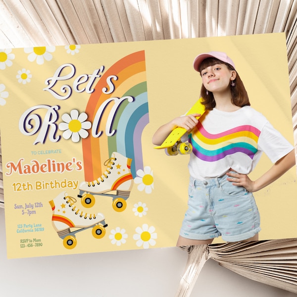 Roller Skate Invitation with Photo Roller Skating Invitation Picture Retro Roller Skate Party Invite Groovy EDITABLE Instant Digital R01