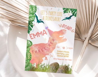Faire-part d'anniversaire fille trois Rex 3e anniversaire fille dinosaure Invitation dinosaure rose troisième anniversaire Invitation MODifiable téléchargement D02