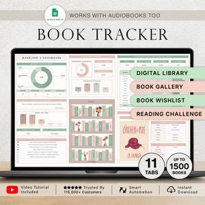 Può includere: Uno schermo di un laptop mostra un tracker di libri digitale con il testo "BOOK TRACKER". L'interfaccia include sezioni per una biblioteca digitale, una galleria di libri e una sfida di lettura. Il design è in morbidi toni verdi e rosa.