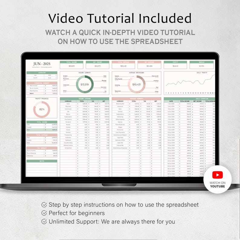 Puede incluir: Un ordenador port&aacute;til que muestra una hoja de c&aacute;lculo financiera con datos, incluidos ingresos y gastos. La pantalla muestra el texto "Video Tutorial Included" y "Watch on YouTube". La hoja de c&aacute;lculo es para junio de 2025.