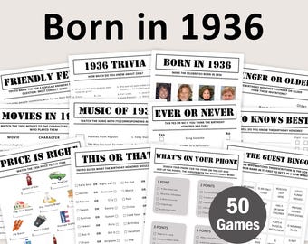 90th Birthday Games Bundle 90th Birthday Party Games 1936 Trivia Born in 1936 90 Year Old Men Women Him Her Quiz EDITABLE Instant Digital