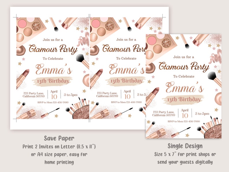 Glamour Party Invitation Glamour Birthday Party Invitation Glitz et Glam Party Spa Maquillage Anniversaire Invitation MODIFIABLE Téléchargement instantané S10 image 3