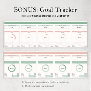 May include: A printable goal tracker with a pink and green color scheme. The tracker is divided into two sections: Savings and Debt. Each section has a chart with a circle graph to track progress towards a goal. The chart includes the following information: Goals Achieved, Total Goals, Total Start, Total Saves, Left to Save, Debt Paid Off, Total Debt, Total Start, Total Paid, and Left to Pay. The text "Simply add transactions in the log at the bottom" and "Effortlessly track your progress!" is at the bottom of the page.