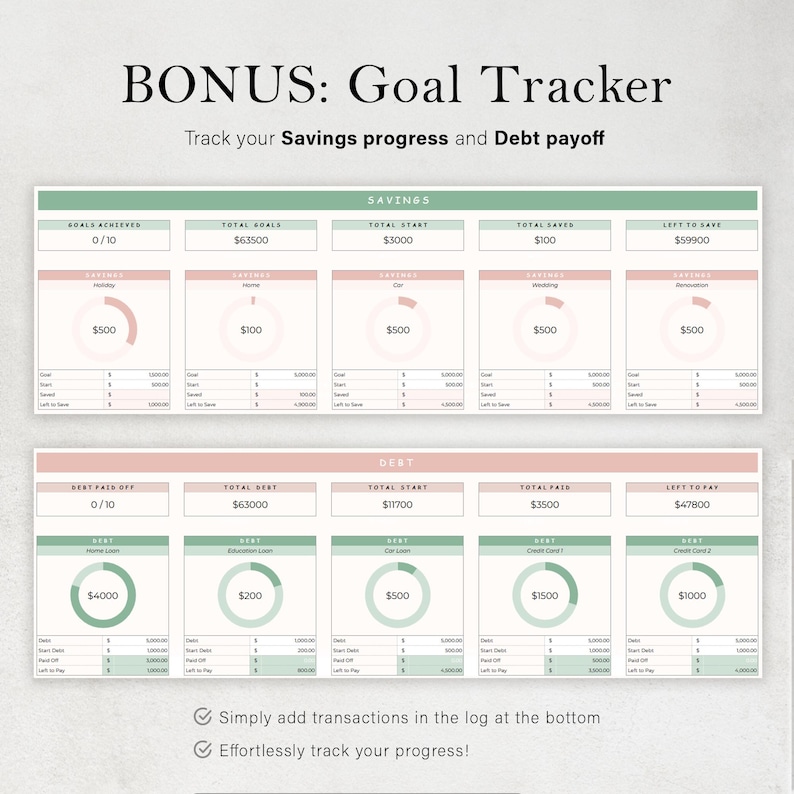May include: A printable goal tracker with a pink and green color scheme. The tracker is divided into two sections: Savings and Debt. Each section has a chart with a circle graph to track progress towards a goal. The chart includes the following information: Goals Achieved, Total Goals, Total Start, Total Saves, Left to Save, Debt Paid Off, Total Debt, Total Start, Total Paid, and Left to Pay. The text "Simply add transactions in the log at the bottom" and "Effortlessly track your progress!" is at the bottom of the page.