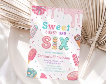 Sweet Sassy and Six Birthday Invitation Donut 6th Birthday Invitation Sweet Dessert Girl Sixth Party Theme Invite EDITABLE Instant D04