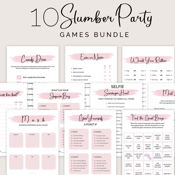 Slumber Party Games Bundle Teen Preteen Sleepover Party Activities Girl Pajama Party Games PRINTABLE Birthday Games Pink Instant Digital S07