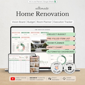 Puede incluir: Un planificador digital de renovación del hogar para Google Sheets mostrado en una computadora portátil, tableta y teléfono inteligente. La interfaz presenta un tablero con presupuesto del proyecto, planificador de habitaciones y gráficos.