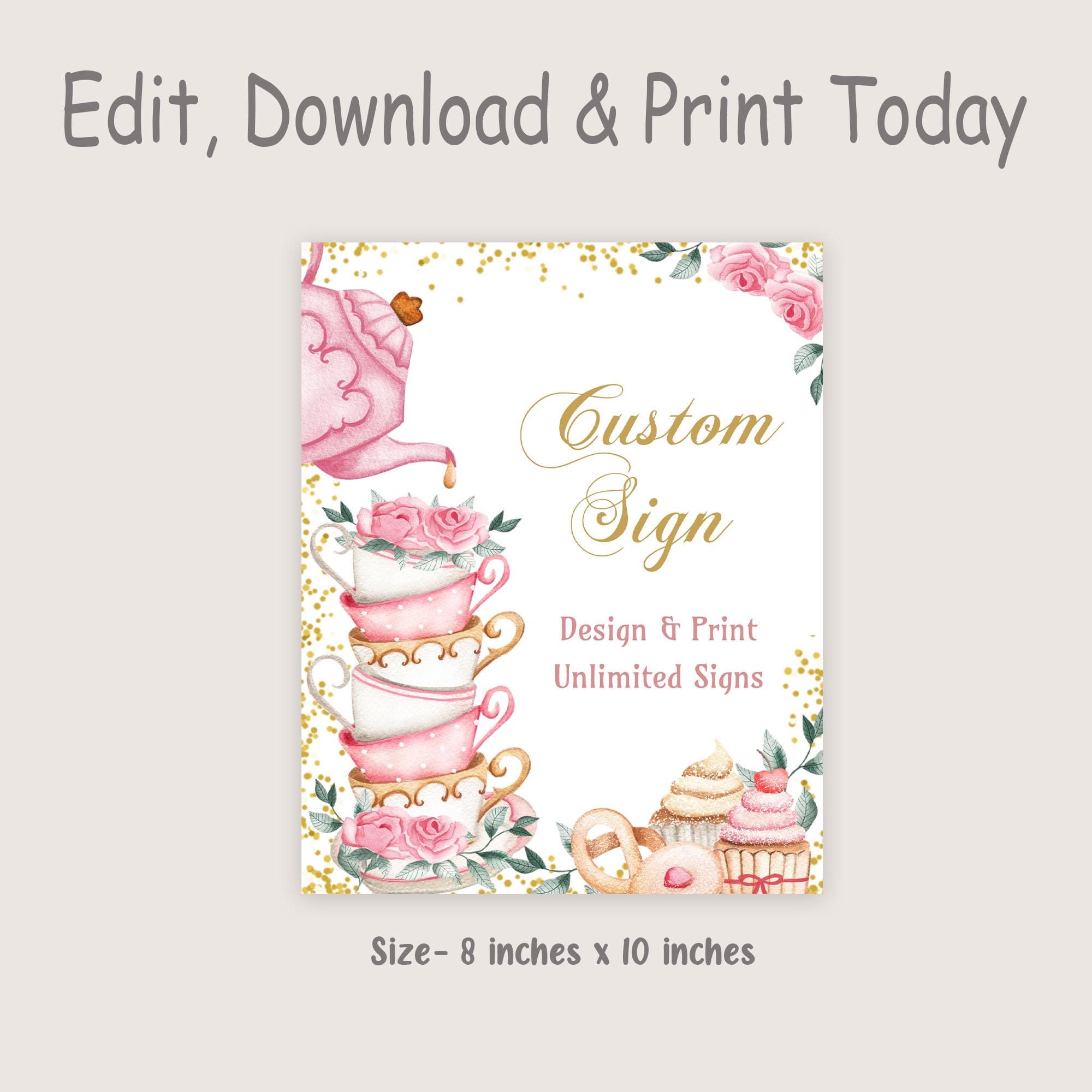 Editable Tea Party Custom Sign Pink and Gold Par-tea Birthday Party ...