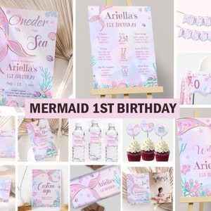 Oneder the Sea Birthday Invitation Bundle Mermaid 1st Birthday Decorations Mermaid First Theme Party Girl Under the Sea EDITABLE Digital M02