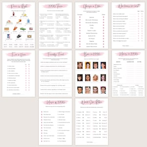 May include: A collection of printable party games with pink accents and headings. Games include trivia, 'Would She Rather,' and 'Movies in 1996.' The text includes 'Price is Right,' '1996 Trivia,' and 'Ever or Never.'